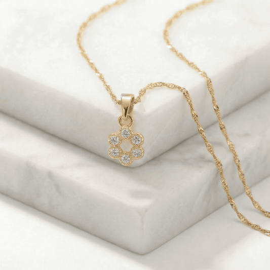 Set de Cadena Singapur de 1.0 mm de 45 Cm & Dije Mini Flor Circones Cristal